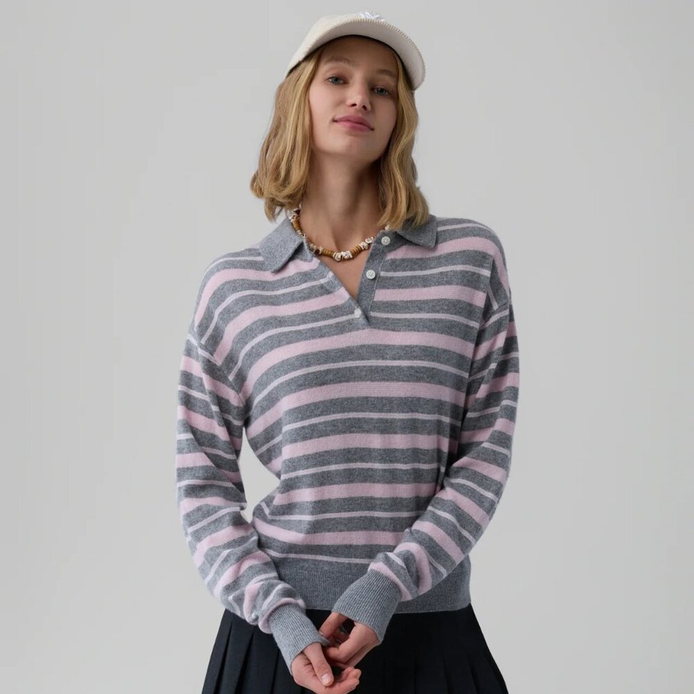 Guest In Residence Collegiate Stripe Polo Heather Grey Combo 100% Cashmere Small